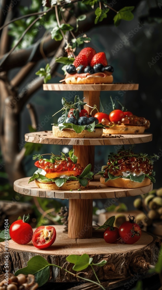 Elegant Stacked Bites on Wood Stand Elegant Stacked Bites on Wood Stand