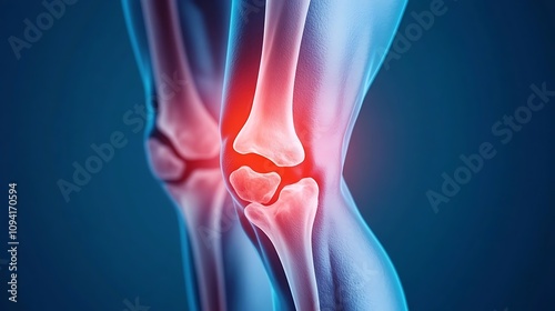 Close up view of a medical scan or x ray image highlighting the knee joint revealing a potential injury inflammation or arthritic condition affecting the bones ligaments or tendons