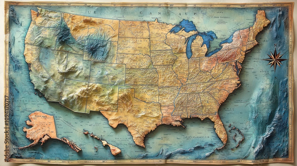 Detailed Three Dimensional Relief Map Of The United States Stock ...