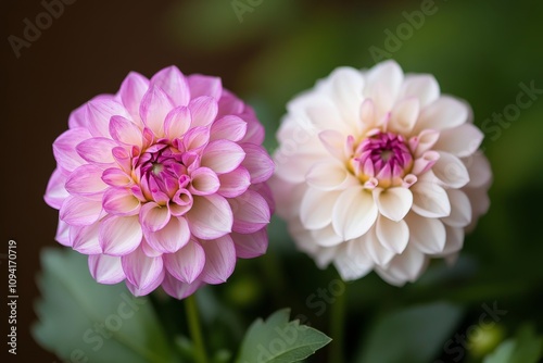 pink and white dahlia flowers in garden beautiful colorful blooms nature botanical macro close up summer spring