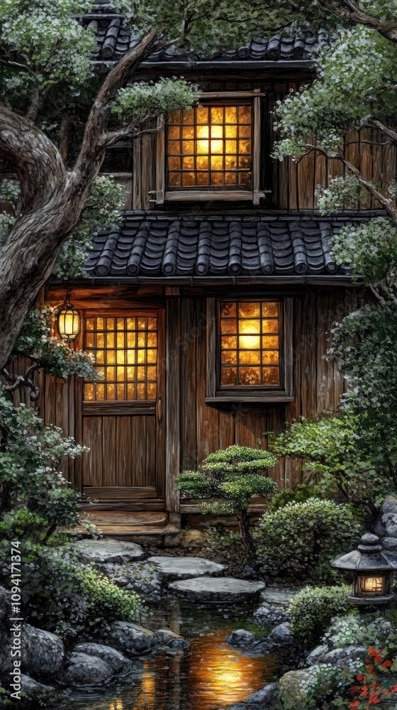 A serene wooden house with glowing windows, surrounded by lush greenery and a tranquil pond. A serene wooden house with glowing windows, surrounded by lush greenery and a tranquil pond.