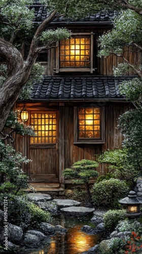 A serene wooden house with glowing windows, surrounded by lush greenery and a tranquil pond.