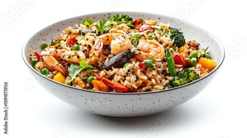 Delicious bowl of shrimp fried rice with colorful vegetables and herbs.