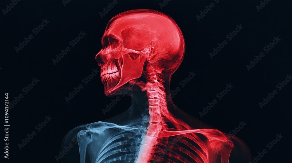 Detailed 3D digital render of a contrasting red and blue human skeleton anatomy model showcasing the intricate structure and complexity of the skeletal system This image can be used for medical Detailed 3D digital render of a contrasting red and blue human skeleton anatomy model showcasing the intricate structure and complexity of the skeletal system This image can be used for medical