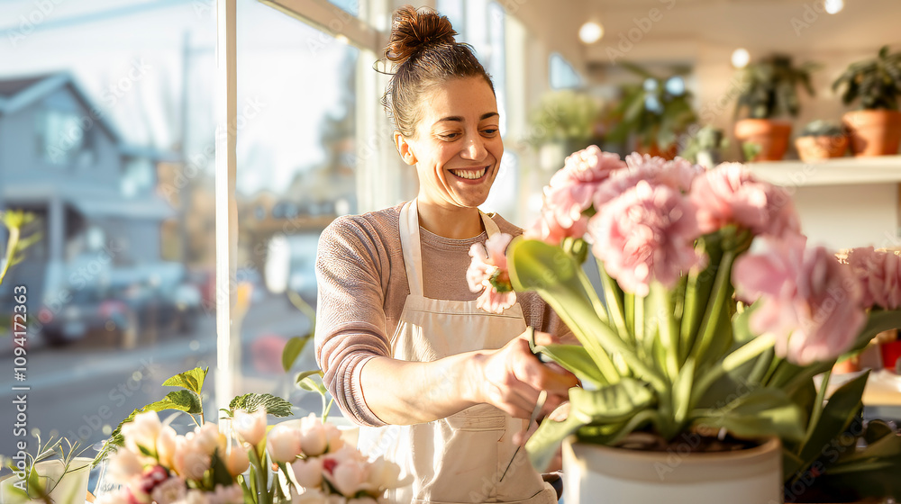 Fototapeta premium The Joy of Flowers: A woman in a floral shop, surrounded by vibrant pink blossoms, finds happiness in her work. The warm, sun-drenched setting creates a sense of peaceful tranquility.