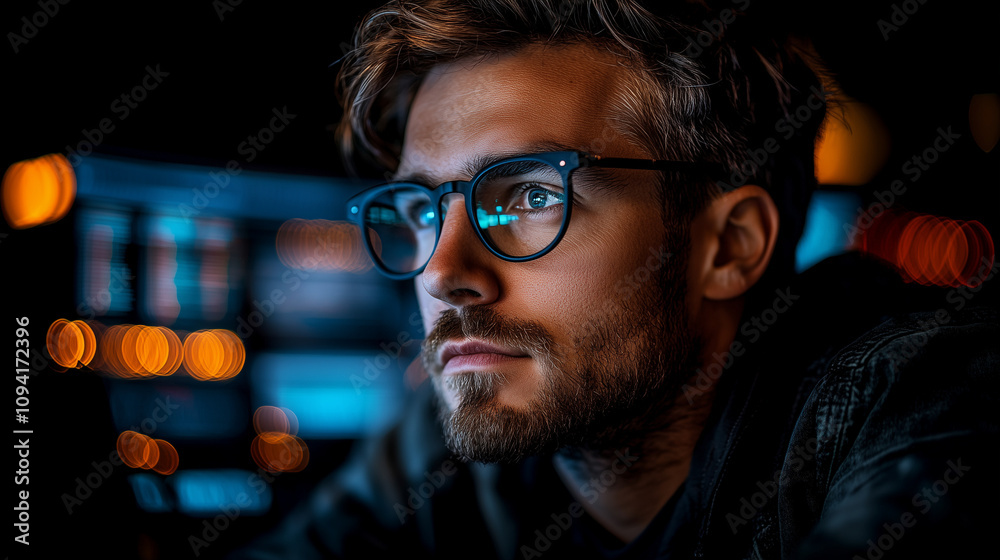 Focused Determination: A young man in glasses intently gazes into the distance, his face illuminated by the glow of a computer screen. Focused Determination: A young man in glasses intently gazes into the distance, his face illuminated by the glow of a computer screen.