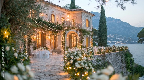 Beautiful seaside villa adorned with fairy lights, lush flowers, and romantic atmosphere, perfect for weddings or special events in a picturesque location.