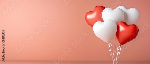 Romantic floating heart shaped balloons in red and white colors against a soft pink background creating a loving elegant and festive atmosphere for a special Valentine s Day or other romantic photo