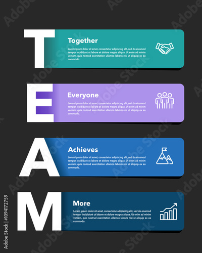 Infographic on the meaning of the word team. Presentation, Plan, Marketing, Report and Strategy. Vector illustration.