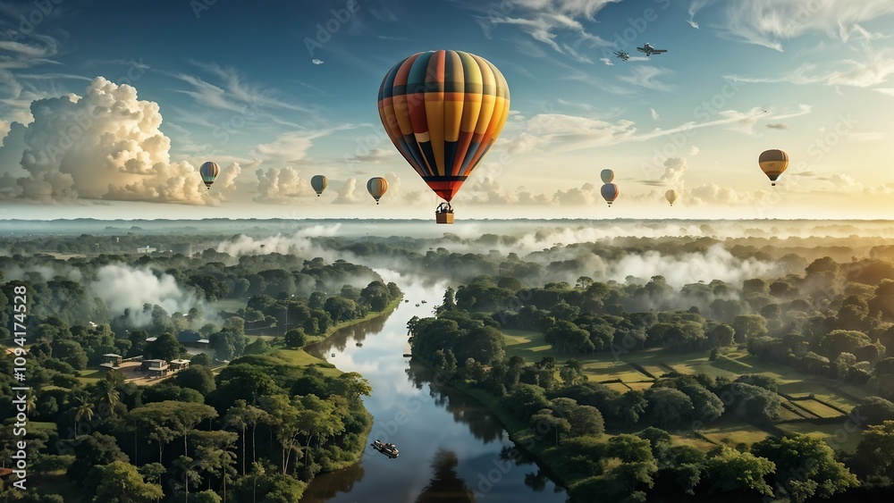 Obraz premium Panoramic view of the hot air balloon over region country, from a drone. The endless expanses of the national park and river.