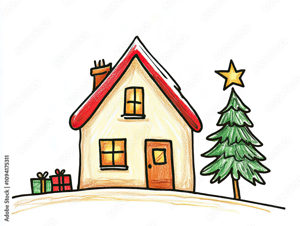A cheerful doodle of a house with a red roof and a Christmas tree, decorated with gifts and a star, conveys a festive spirit A cheerful doodle of a house with a red roof and a Christmas tree, decorated with gifts and a star, conveys a festive spirit