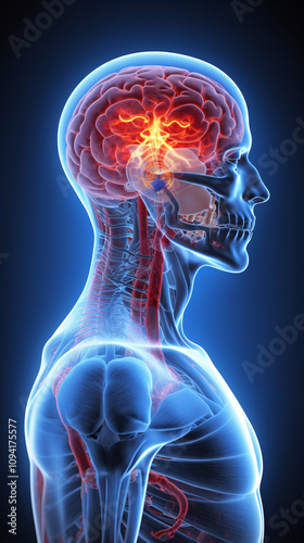 Male medical figure with the front of the brain highlighted, showcasing brain anatomy and cognitive areas. photo