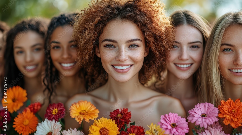 Group of women celebrating empowerment and diversity, smiling with flowers on International Women’s Day outdoors Group of women celebrating empowerment and diversity, smiling with flowers on International Women’s Day outdoors
