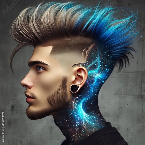 Modern quiff with shaved particle like patterns and electric blu photo