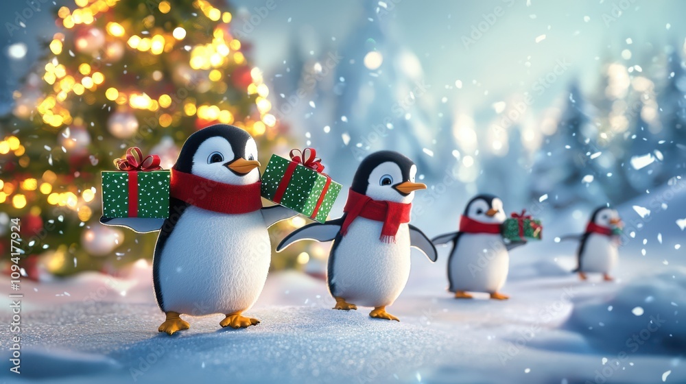 Adorable penguins dressed in Christmas scarves carrying wrapped gifts walking across a snowy Adorable penguins dressed in Christmas scarves carrying wrapped gifts walking across a snowy