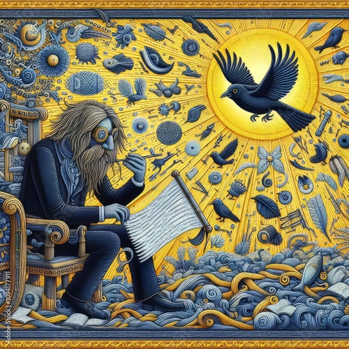 The poet weaving a tapestry from rhyming words Detailed and intr photo