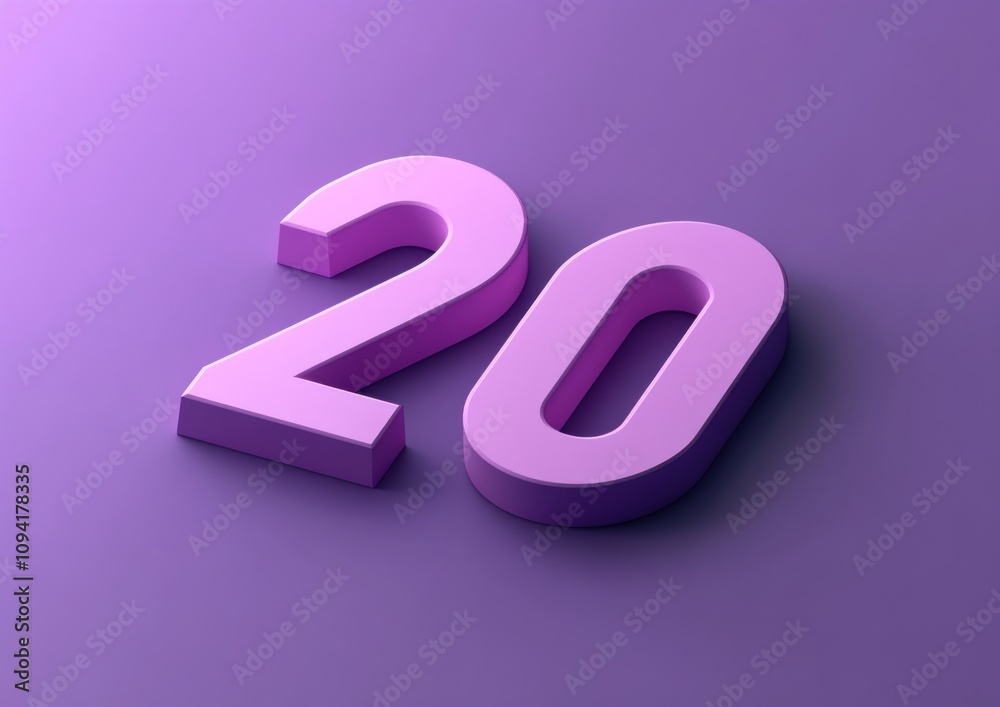 3D render of number twenty on purple background.
