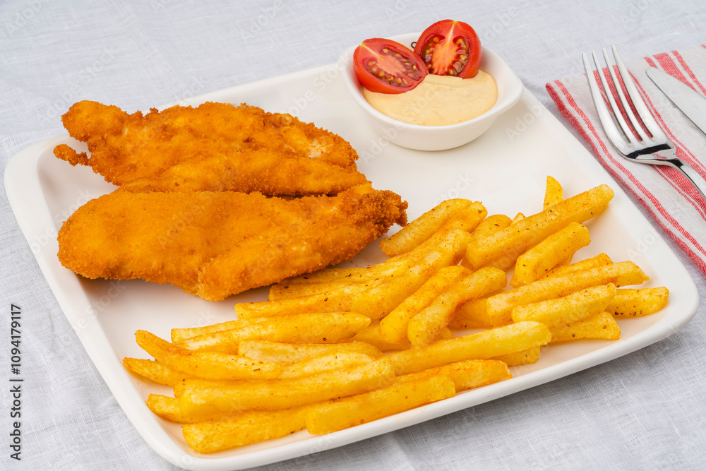 Deep fried chicken fillet. Served with fries and sauces. Delicious chicken. Deep fried chicken fillet. Served with fries and sauces. Delicious chicken.