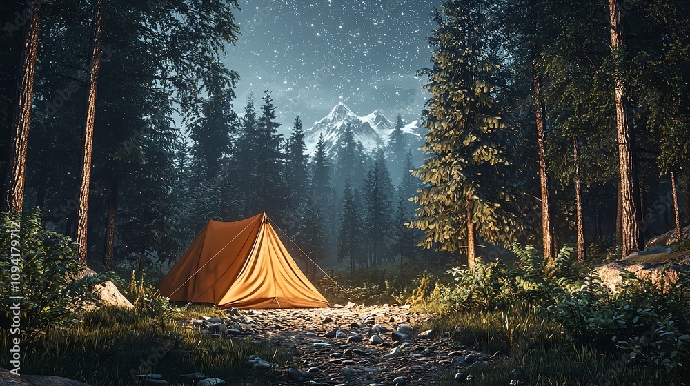 Serene Forest Camping Scene with a Tent Under the Stars Serene Forest Camping Scene with a Tent Under the Stars
