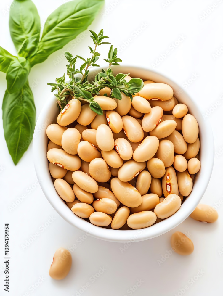 A bowl of white beans garnished with fresh basil and thyme, ideal for healthy recipes and culinary presentations. A bowl of white beans garnished with fresh basil and thyme, ideal for healthy recipes and culinary presentations.