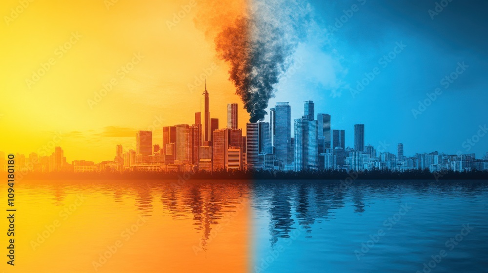 Obraz premium A striking image contrasting a vibrant, sunny cityscape with a smoky, polluted skyline, reflecting themes of environmental change and urban contrast.