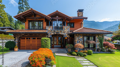 Rustic house with stone and wood facade, surrounded by a manicured garden, set against a mountain backdrop, Generative AI