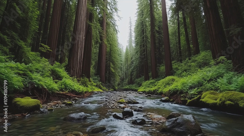 Nature Panorama of Redwoods River and Wildlife at Sunrise
