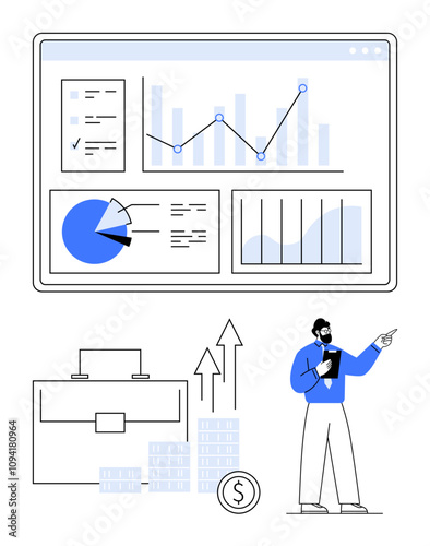 Businessman analyzing financial data charts on screen with pie, bar and line graphs. Ideal for presentations, business strategy, data analysis, market research, finance, planning sessions, investment