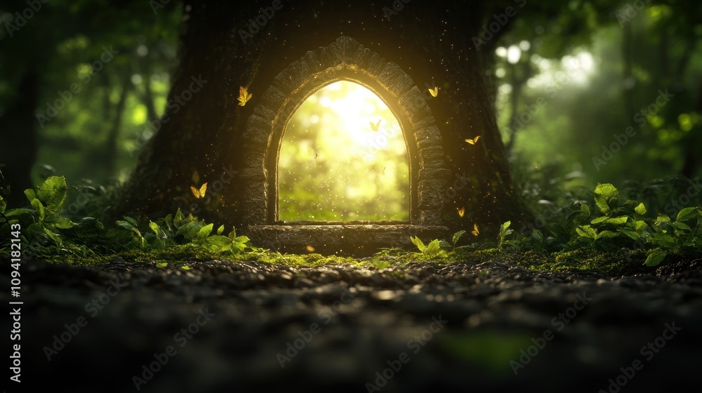 Fototapeta premium A magical stone archway in a lush forest, surrounded by butterflies and sunlight.