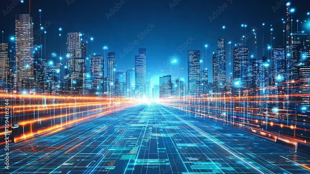 Futuristic Cityscape with Digital Network and Data Flow Futuristic Cityscape with Digital Network and Data Flow