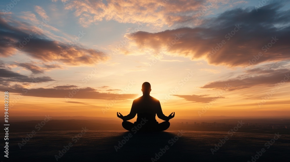 A man sits in lotus pose on a hilltop, silhouetted against a vibrant sunset with a city skyline in the distance. A man sits in lotus pose on a hilltop, silhouetted against a vibrant sunset with a city skyline in the distance.