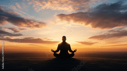 A man sits in lotus pose on a hilltop, silhouetted against a vibrant sunset with a city skyline in the distance.