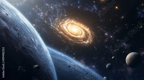 Outer Space Depiction of Spiral Galaxy and Colorful Nebulas