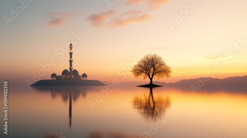 A mosque on an island in a lake at sunrise with a tree in the foreground.