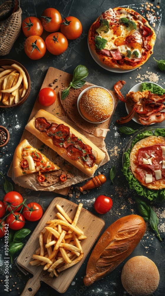 Delicious Assortment of Fast Foods on Dark Table Delicious Assortment of Fast Foods on Dark Table