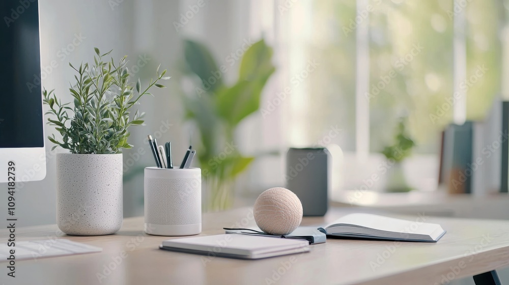 A modern workspace with a mindfulness corner featuring branded journals, a small plant, A modern workspace with a mindfulness corner featuring branded journals, a small plant,