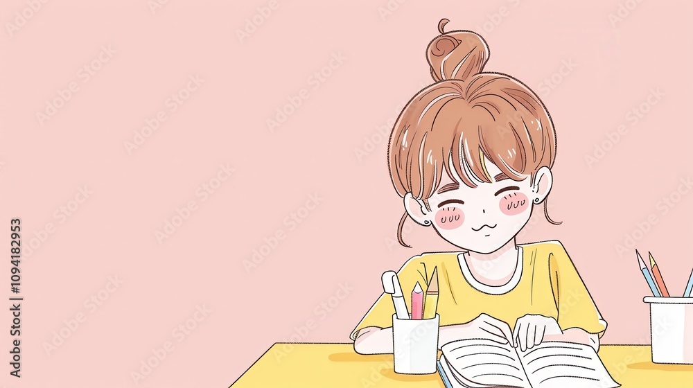Happy Girl Studying at Desk Happy Girl Studying at Desk
