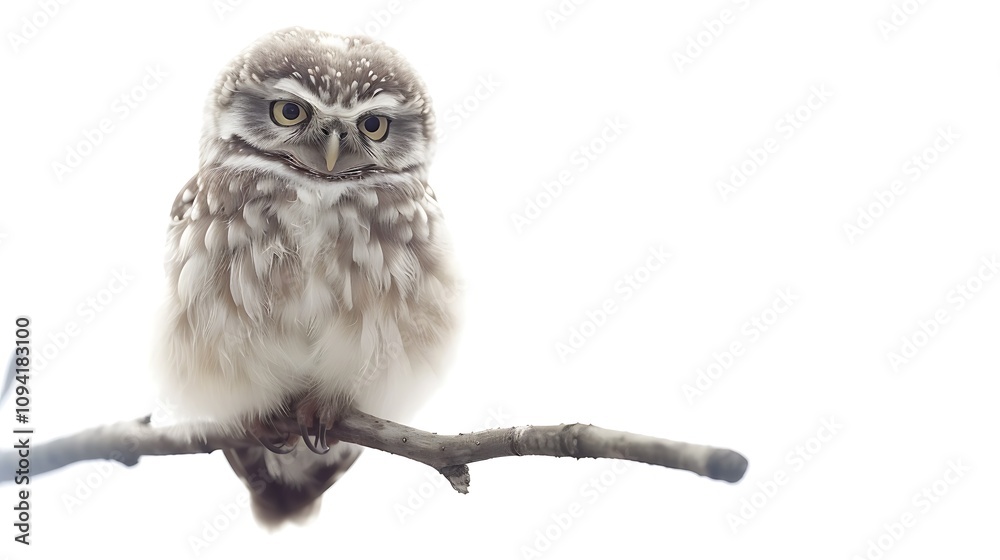 Naklejka premium A fluffy little owl sitting on a branch, isolated on a white background.