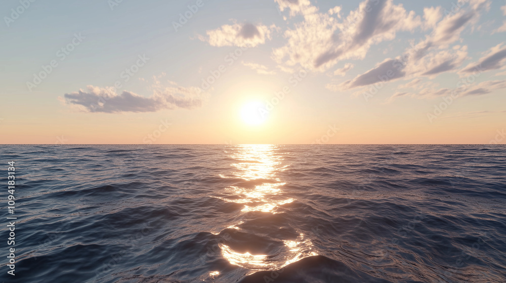 Obraz premium Golden Sunset Over Calm Ocean Horizon with Warm Hues