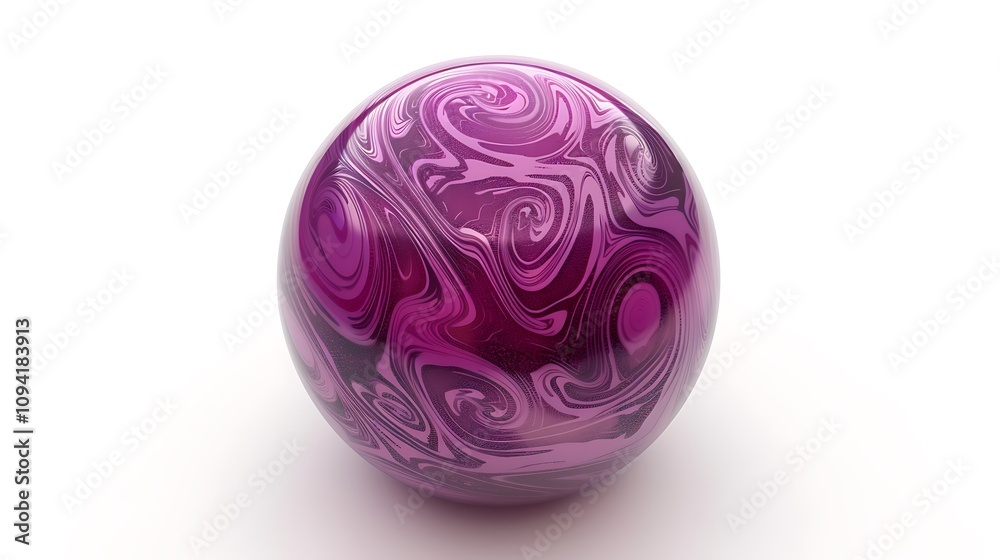 A glossy purple ball with intricate reflections, placed on a white background.