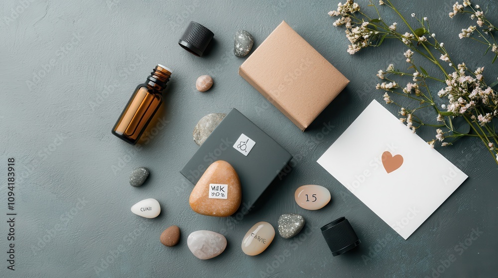 A flat lay featuring self-care essentials: essential oils, branded affirmation cards, and crafts like hand-painted stones with positive messages, A flat lay featuring self-care essentials: essential oils, branded affirmation cards, and crafts like hand-painted stones with positive messages,