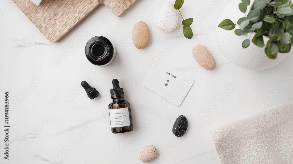 A flat lay featuring self-care essentials: essential oils, branded affirmation cards, and crafts like hand-painted stones with positive messages, A flat lay featuring self-care essentials: essential oils, branded affirmation cards, and crafts like hand-painted stones with positive messages,