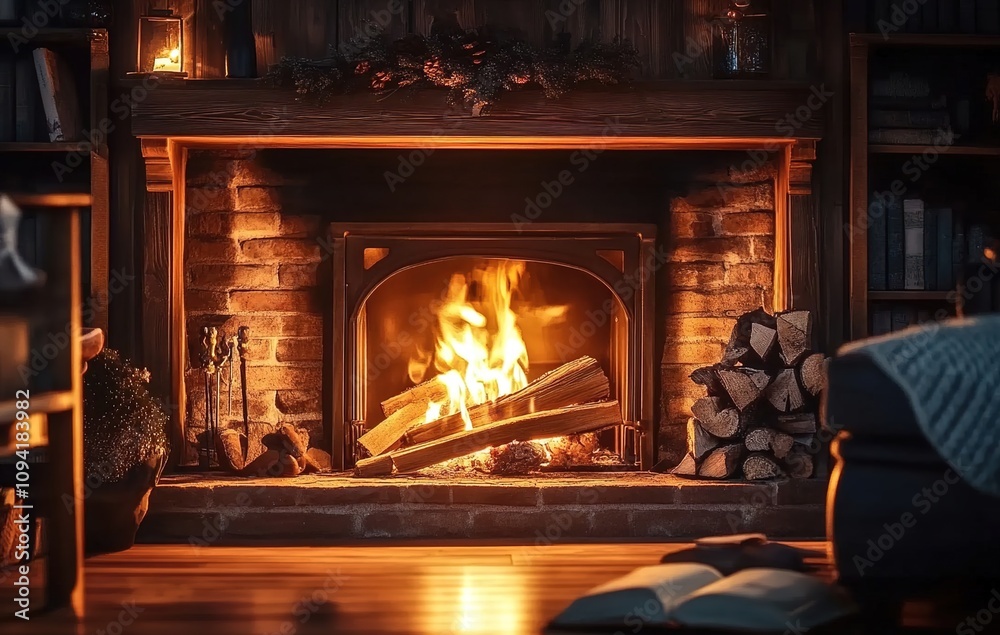 A cozy fireplace with burning wood, a warm and inviting atmosphere, perfect for winter A cozy fireplace with burning wood, a warm and inviting atmosphere, perfect for winter