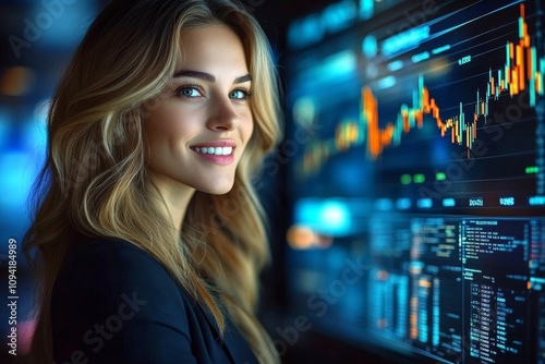 Businesswoman Smiling at Success on Financial Graphs and Stock Market Trends Free Download Businesswoman Smiling at Success on Financial Graphs and Stock Market Trends - GFXLoad