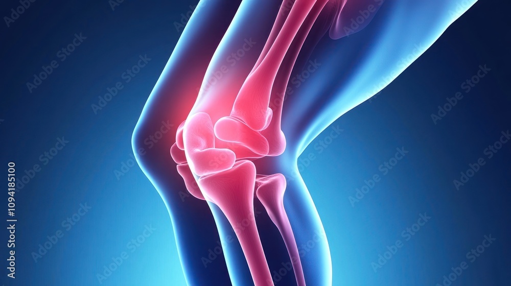 A digital illustration of a human knee joint highlighting inflammation. A digital illustration of a human knee joint highlighting inflammation.