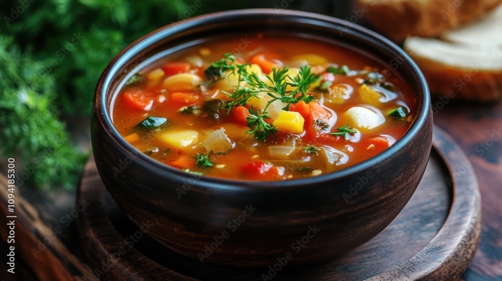 A steaming bowl of vegetable soup garnished with herbs, served on a wooden surface. A steaming bowl of vegetable soup garnished with herbs, served on a wooden surface.