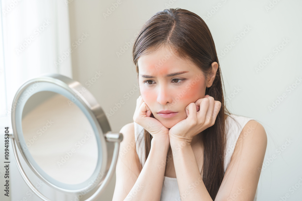 Dermatology, scratch asian young woman looking at mirror, expression worry and itch, itchy allergy or allergic sensitive reaction, red spot or rash on her face. Beauty care from skin problem treatment Dermatology, scratch asian young woman looking at mirror, expression worry and itch, itchy allergy or allergic sensitive reaction, red spot or rash on her face. Beauty care from skin problem treatment
