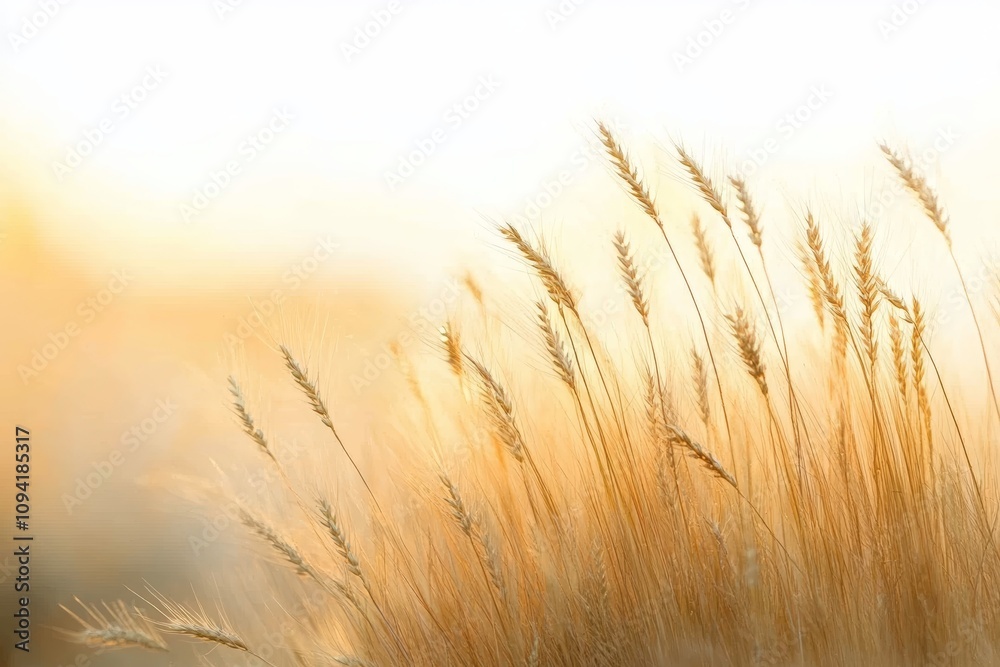 Golden Wheat Stalks in Ethereal Light at Sunrise or Sunset Soft and Serene Countryside Scene Golden Wheat Stalks in Ethereal Light at Sunrise or Sunset Soft and Serene Countryside Scene