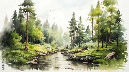 Serene watercolor painting of a tranquil forest stream flowing through lush greenery and rocky banks under a soft, bright sky.