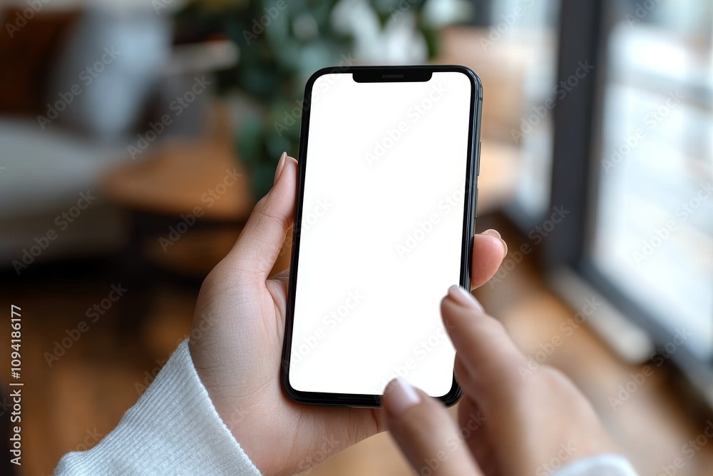 Mockup of Hand Holding Smartphone with Blank Screen in Modern Cafe for App Design and Marketing Mockup of Hand Holding Smartphone with Blank Screen in Modern Cafe for App Design and Marketing
